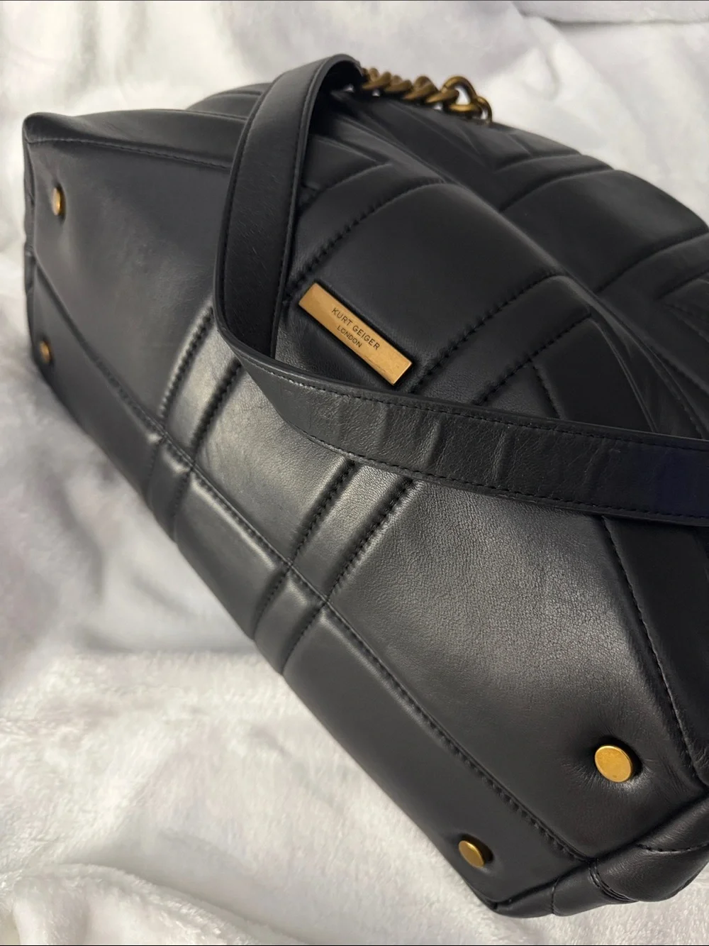 Black Quilted Shoulder Tote with Antiqued Gold Chain Handles